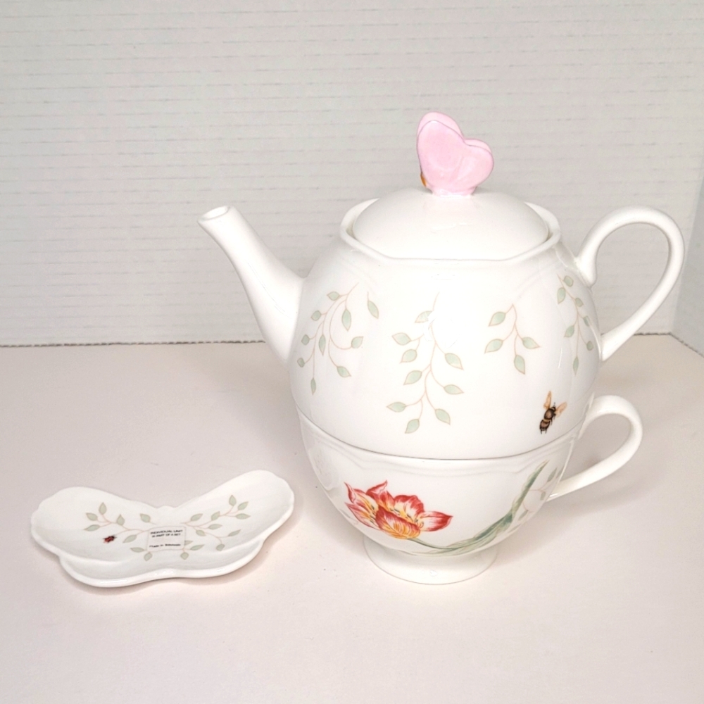 Lenox Butterfly Meadow Individual Tea Set Teapot Lid Cup Tea Bag Holder NWT